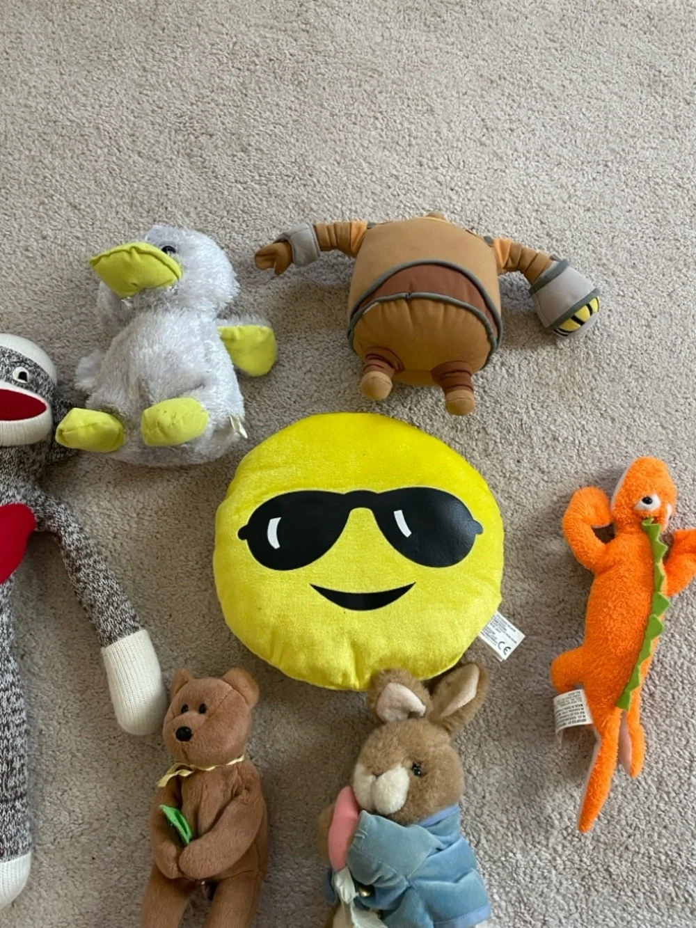 Plush Emoji Pillow and Assorted Soft Toys - Yellow, Brown, Orange, Gray
